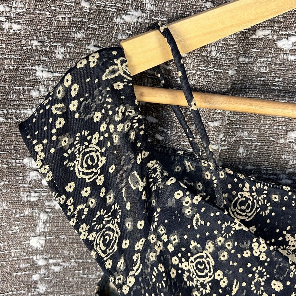 ZARA BASIC Z1975 Denim Off The Shoulder Dress Navy Blue W/ Cream Floral Print - Picture 6 of 10